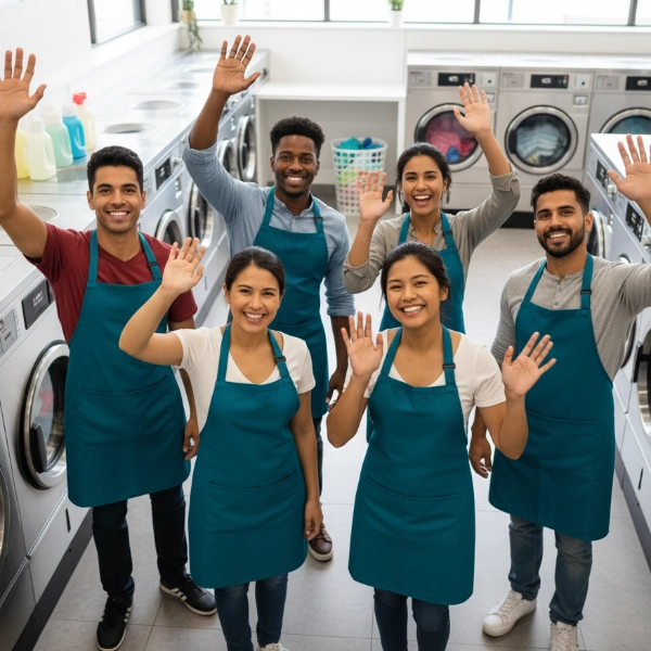 Laundromat Workers In Teal Aprons Waving And Smiling 600X600
